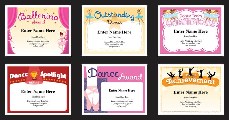 Dance certificates templates grid