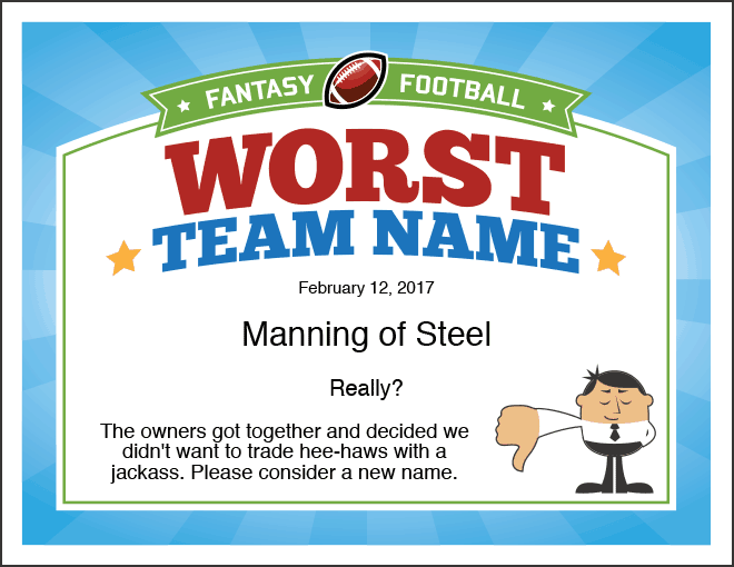 Worst Team Name fantasy football certificate.