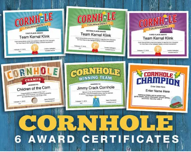 Six Cornhole Award Certificates Editable.