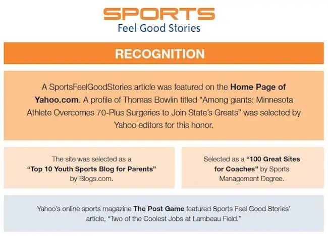 Site recognition for Sports Feel Good Stories.